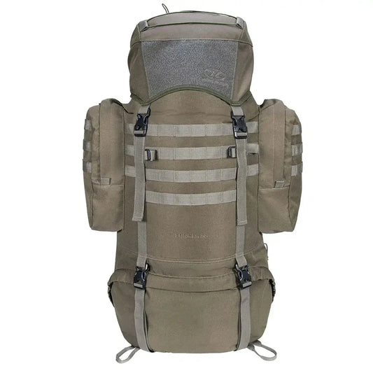 Highlander Forces Elite 66 Litre Rucksack in olive green with MOLLE webbing and dual side pouches, ideal for tactical and outdoor use. Ranger Green from  John Bull Clothing