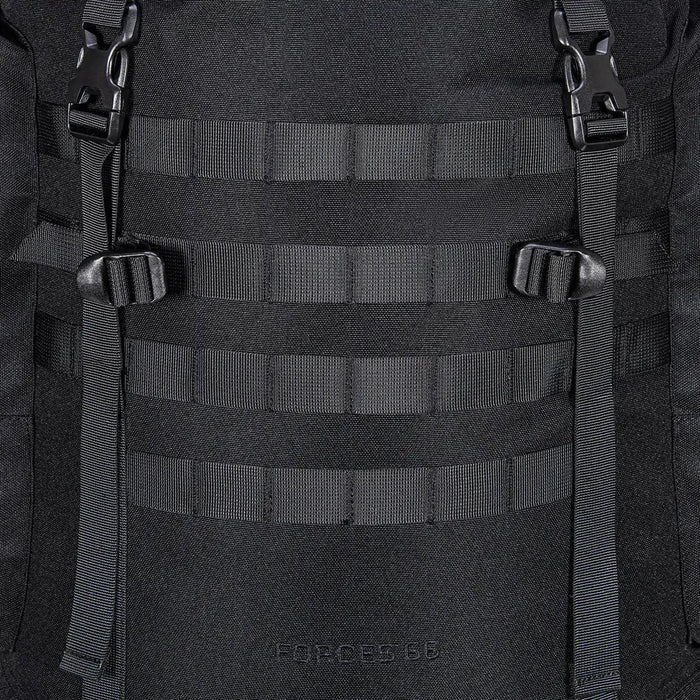 Detail of MOLLE webbing and buckle straps on Highlander Forces Elite 66 Litre Rucksack for attaching extra gear and accessories.  from  John Bull Clothing