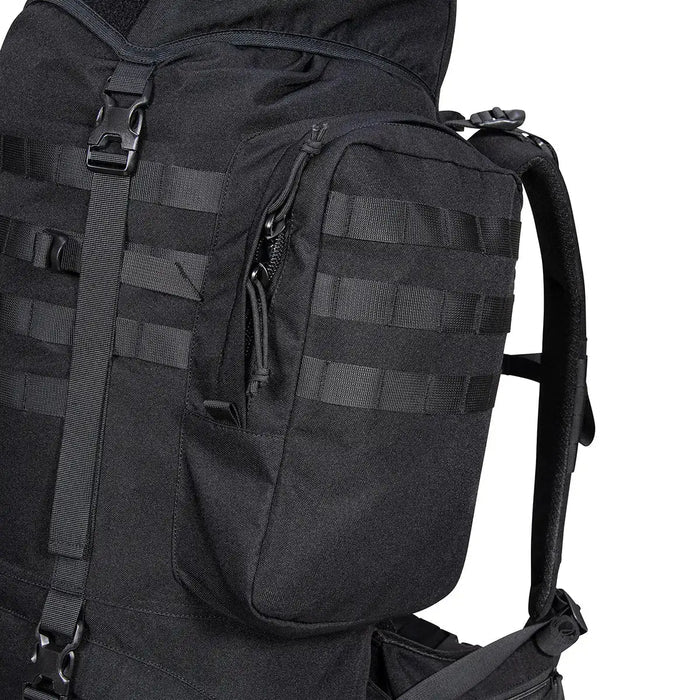 Close-up of side pouch on Highlander Forces Elite 66 Litre Rucksack with MOLLE webbing and zipper for secure gear access.  from  John Bull Clothing