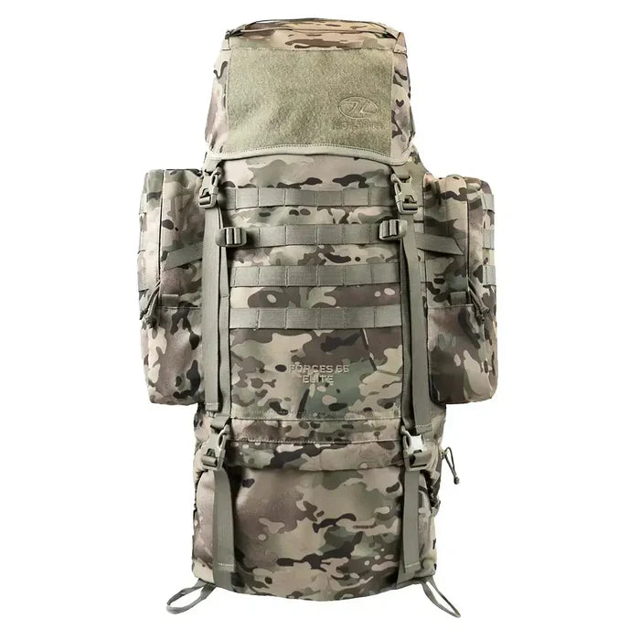 Camouflage Highlander Forces Elite 66 Litre Rucksack with top lid, MOLLE system, and rugged design for military and survival gear storage. HMTC from  John Bull Clothing  HMTC from  John Bull Clothing