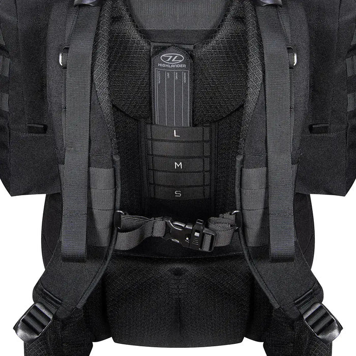 Close-up of Highlander Forces Elite 66 Litre Rucksack adjustable back system with size markers for personalized fit and comfort.  from  John Bull Clothing   from  John Bull Clothing
