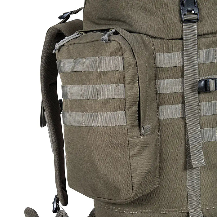 Detailed view of side pouch on Highlander Forces Elite 88L Bergen Pack, featuring MOLLE webbing for modular attachments.  from  John Bull Clothing