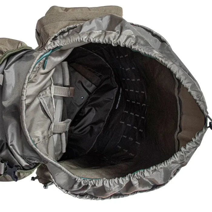 Interior view of Highlander Forces Elite 88L Bergen Pack showing spacious main compartment with drawstring closure and gear loops.  from  John Bull Clothing