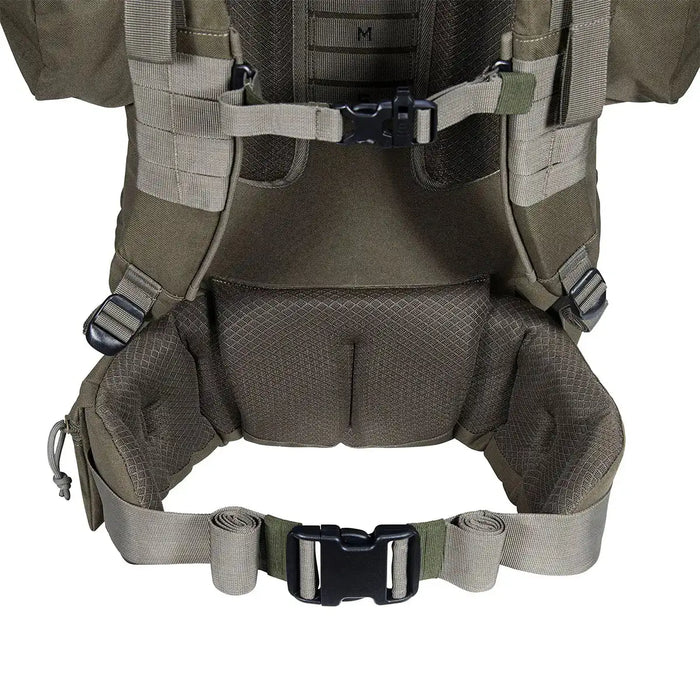 Padded hip belt and adjustable sternum strap on Highlander Forces Elite 88L Pack for ergonomic weight distribution and support.  from  John Bull Clothing
