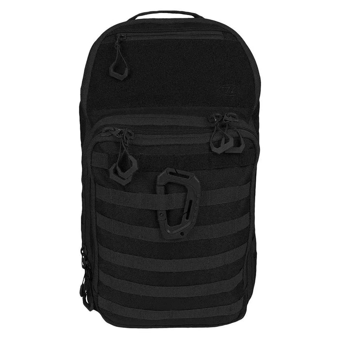 Highlander Harrier 25L Clamshell Rucksack in black with MOLLE webbing and tactical design, perfect for everyday carry and outdoor adventures. Black from  John Bull Clothing