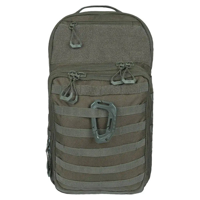Highlander Harrier 25L Clamshell Rucksack in olive green featuring MOLLE webbing and durable construction for tactical and outdoor activities. Ranger Green from  John Bull Clothing