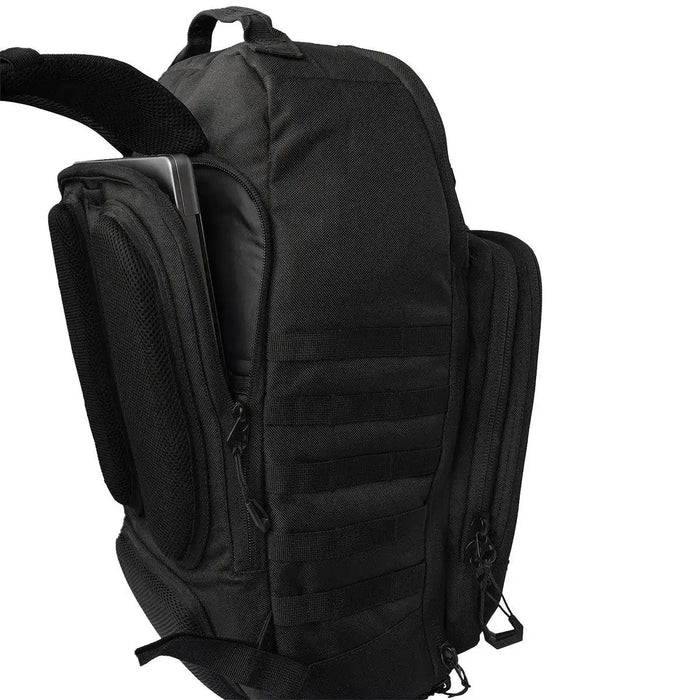 Side view of Highlander Harrier 25L Clamshell Rucksack in black, showcasing a dedicated laptop compartment for secure storage of a 15-inch PC.  from  John Bull Clothing