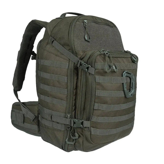 Highlander Harrier 35L Full Clamshell Pack in olive green with MOLLE webbing, padded straps, and a waist belt for tactical and outdoor use.  from  John Bull Clothing