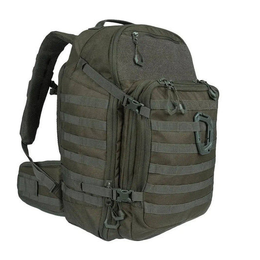 Highlander Harrier 35L Full Clamshell Pack in olive green with MOLLE webbing, padded straps, and a waist belt for tactical and outdoor use.  from  John Bull Clothing