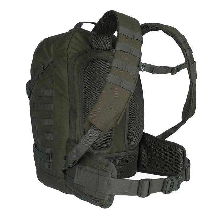 Side view of Highlander Harrier 35L Full Clamshell Pack in olive green, showing ergonomic padded straps, breathable back panel, and waist support.  from  John Bull Clothing