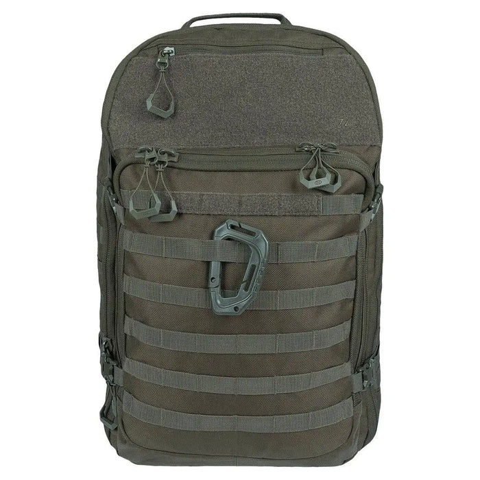 Front view of Highlander Harrier 35L Full Clamshell Pack in olive green with MOLLE webbing, multiple zippered compartments, and a tactical carabiner. Ranger Green from  John Bull Clothing
