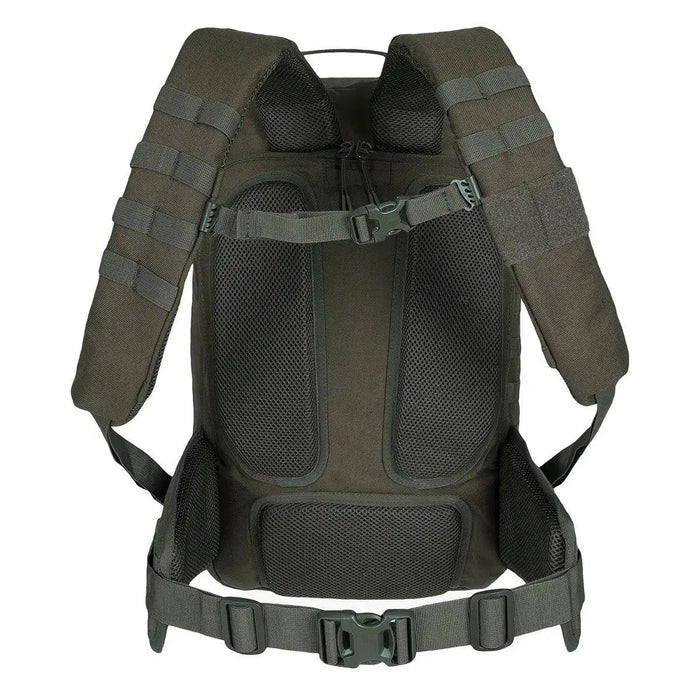 Back view of Highlander Harrier 35L Full Clamshell Pack in olive green, featuring padded shoulder straps, chest strap, and ventilated back support.  from  John Bull Clothing