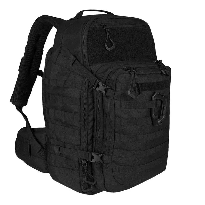 Highlander Harrier 45L Clamshell Backpack in black with MOLLE webbing, multiple compartments, and padded shoulder straps for outdoor adventures.  from  John Bull Clothing