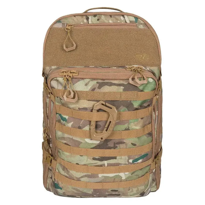 Highlander Harrier 45L Clamshell Backpack in camouflage pattern, featuring MOLLE webbing, durable zippers, and a tactical design for outdoor use. HMTC from  John Bull Clothing
