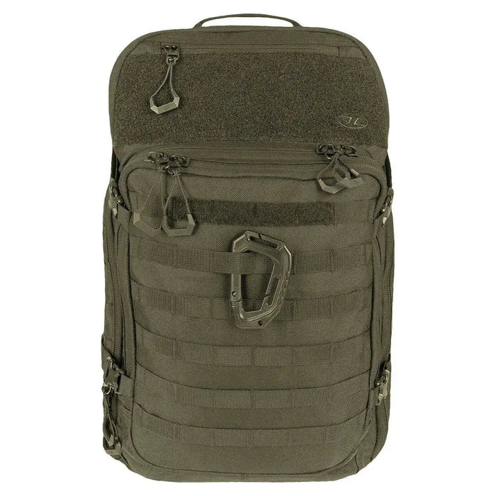 Olive green Highlander Harrier 45L Clamshell Backpack with MOLLE webbing, multiple compartments, and a rugged tactical design for outdoor activities. Ranger Green from  John Bull Clothing