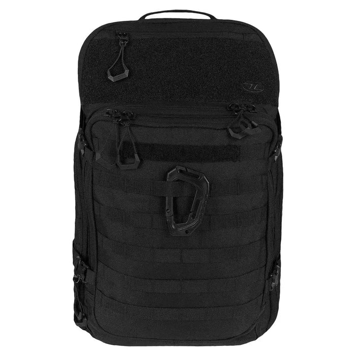 Black Highlander Harrier 45L Clamshell Backpack with MOLLE webbing, durable zippers, and a tactical design for hiking, travel, and outdoor adventures. Black from  John Bull Clothing