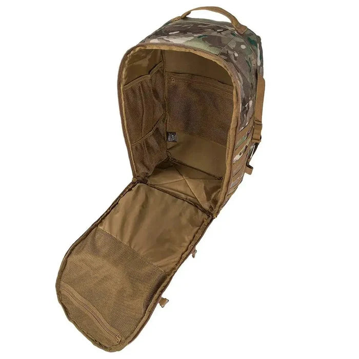 Highlander Harrier 45L Clamshell Backpack fully opened, revealing spacious compartments, mesh pockets, and an organized interior for easy packing.  from  John Bull Clothing
