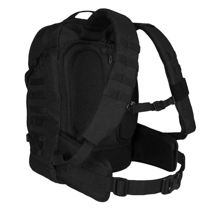 Side view of the black Highlander Harrier 45L Clamshell Backpack, highlighting ergonomic shoulder straps, MOLLE webbing, and padded back support.  from  John Bull Clothing