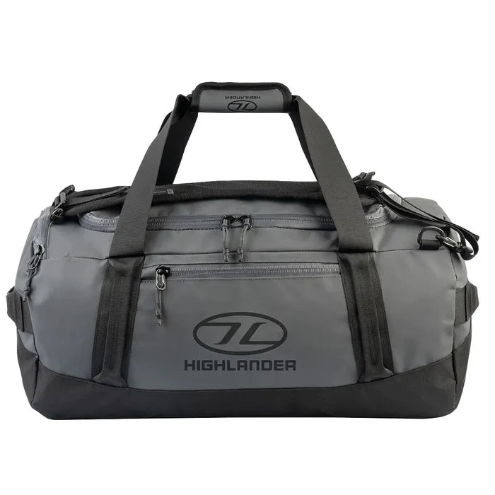 Highlander Hauler Duffel Bag in grey with black details, designed for durability and spacious storage, ideal for travel and outdoor adventures. 45 litre from  John Bull Clothing