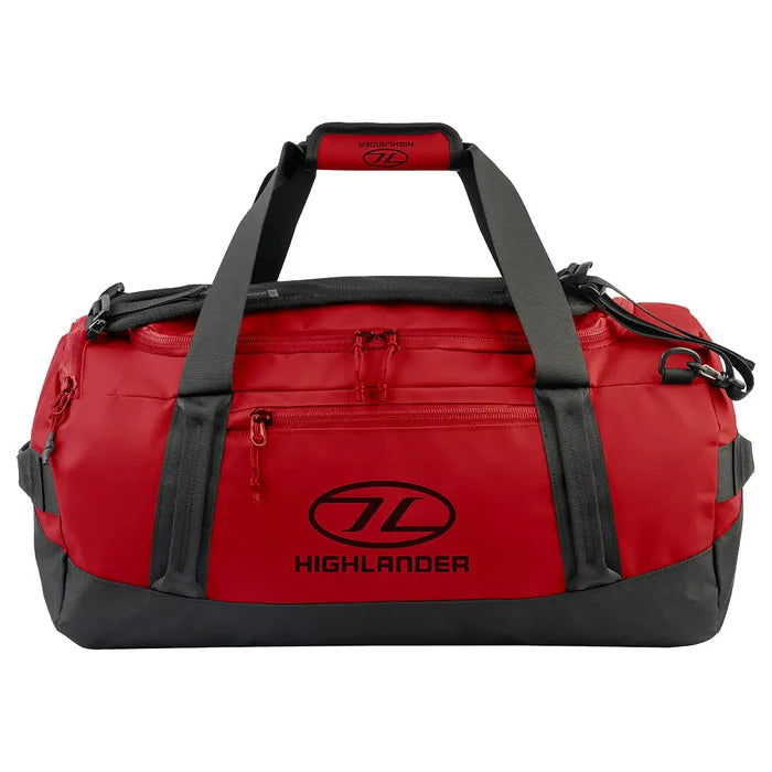 Highlander Hauler Duffel Bag in red with black accents, offering a rugged design with multiple compartments for efficient packing and transport. 45 litre from  John Bull Clothing