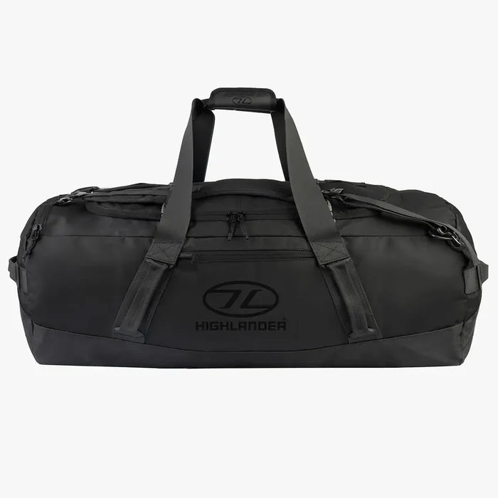 Large Highlander Hauler Duffel Bag in black, featuring reinforced straps and a spacious main compartment for heavy-duty packing needs. 120 litre from  John Bull Clothing