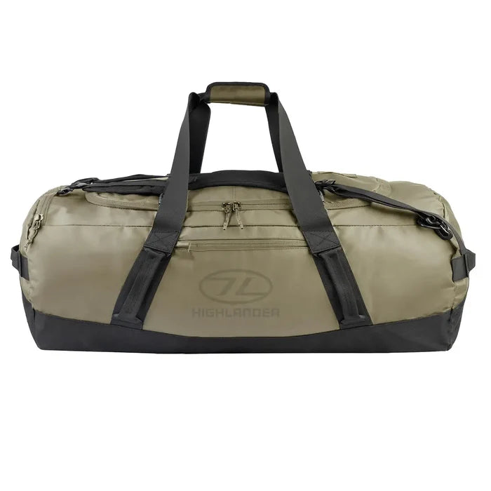 Highlander Hauler Duffel Bag in green, extra-large capacity with reinforced handles and water-resistant material for rugged outdoor use. 120 litre from  John Bull Clothing