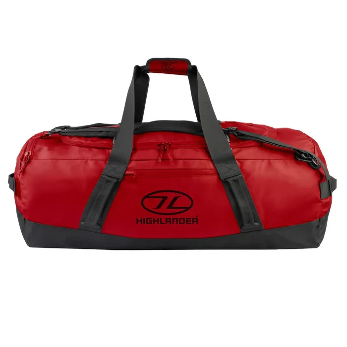 Highlander Hauler Duffel Bag in red, spacious and durable, designed for adventurers needing a reliable and stylish travel companion. 120 litre from  John Bull Clothing