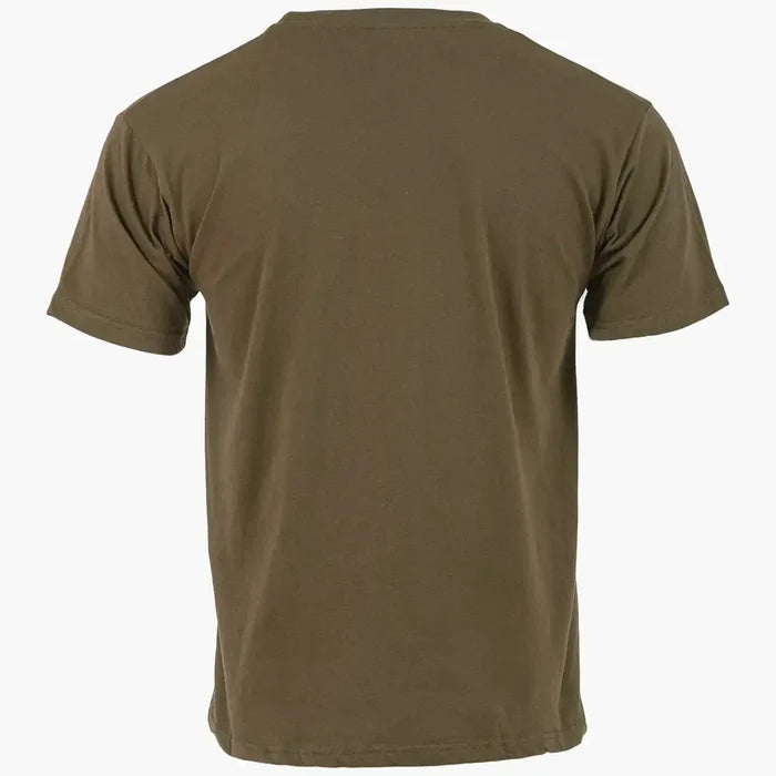 Olive green military-style T-shirt made of soft cotton fabric, short sleeves, round neckline, casual wear for outdoor activities