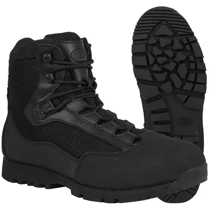 Highlander Pentland Black Military Boot showing treaded outsole for grip and breathable mesh upper, designed for all-terrain performance.  from  John Bull Clothing