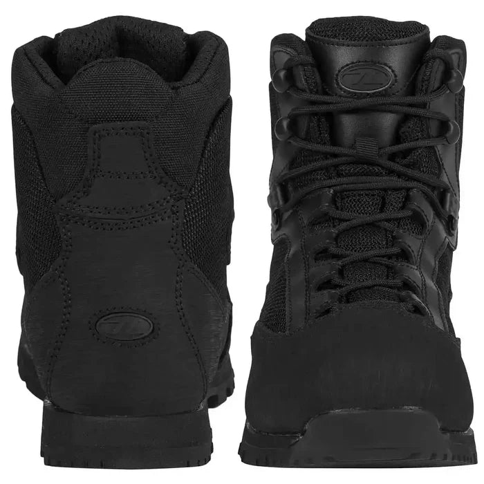 Front and rear views of Highlander Pentland Black Military Boot highlighting ankle support and durable construction for outdoor activities.  from  John Bull Clothing
