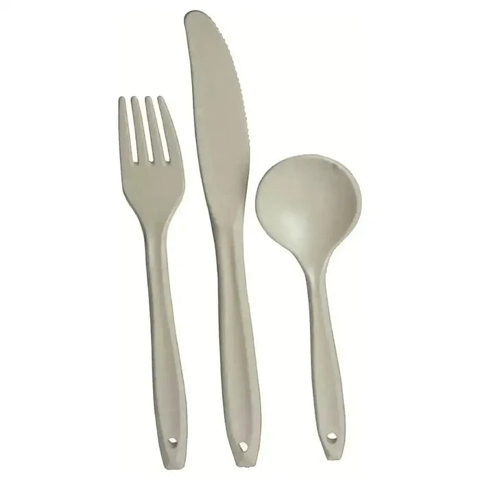 Highlander Polycarbonate Knife Fork Spoon Set in grey, durable and lightweight for camping and outdoor dining. Ideal KFS set for hiking cookware kits.  from  John Bull Clothing