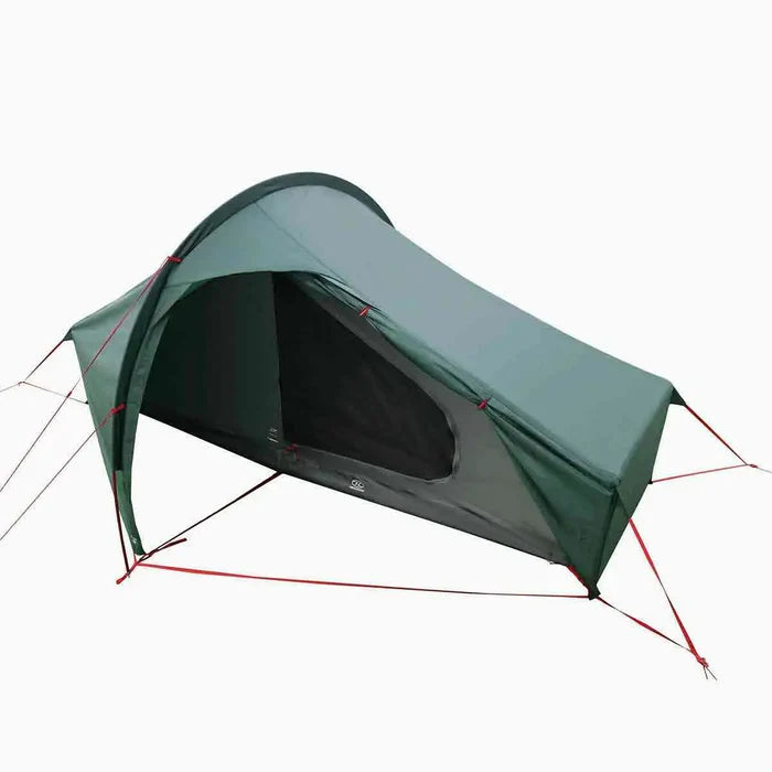 Highlander Refuge 1 Person Hooped Tent - Pine Green with front entrance open, showcasing compact solo camping design and waterproof polyester build.  from  John Bull Clothing