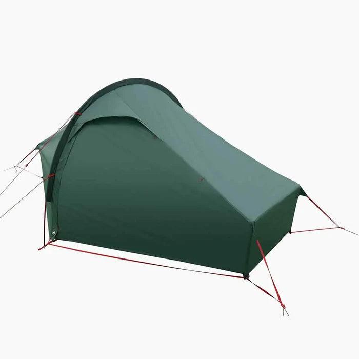 Rear view of Highlander Refuge 1 Person Hooped Tent - Pine Green, highlighting aerodynamic shape and durable guy lines for stability in outdoor conditions.  from  John Bull Clothing