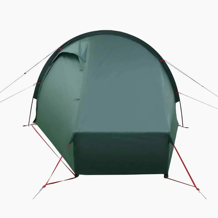 Front view of Highlander Refuge 1 Person Hooped Tent - Pine Green, showing hooped frame and taut fabric for enhanced wind resistance and waterproofing.  from  John Bull Clothing