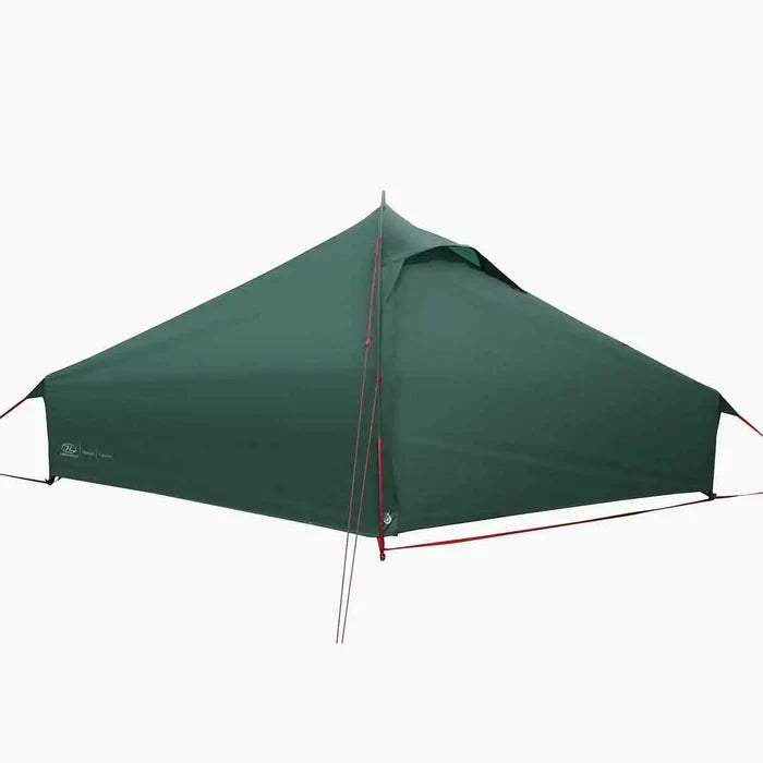 Side angle of Highlander Refuge 1 Person Hooped Tent - Pine Green, displaying sleek silhouette and red guy lines for secure solo camping setup.  from  John Bull Clothing