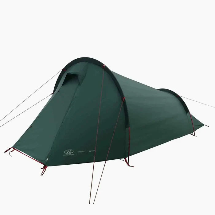 Highlander Respite 1 Person Tunnel Tent in pine green with aerodynamic shape and guy lines, ideal for solo camping adventures.  from  John Bull Clothing