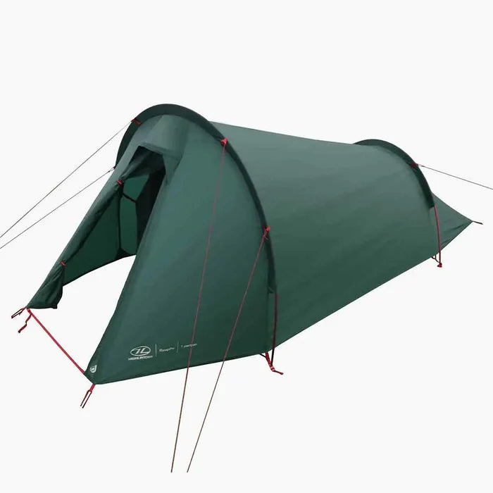 Side view of Highlander Respite 1 Person Tunnel Tent showing front entrance and compact tunnel design for outdoor hiking trips.  from  John Bull Clothing