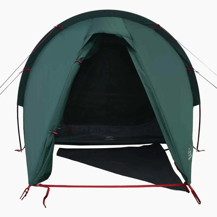 Front entrance of Highlander Respite 1 Person Tunnel Tent open to reveal interior space, perfect for solo campers.  from  John Bull Clothing