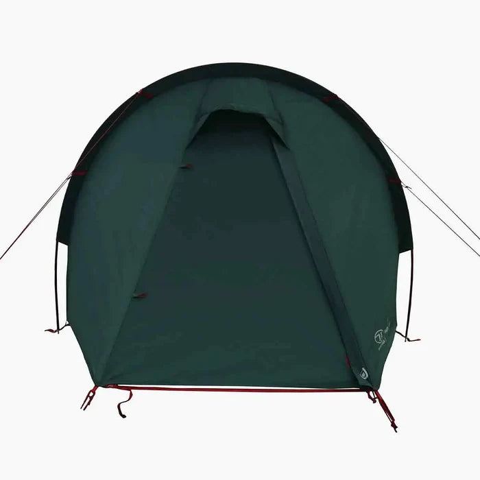Closed front view of Highlander Respite 1 Person Tunnel Tent with taut fabric and secure guy lines for weather resistance.  from  John Bull Clothing