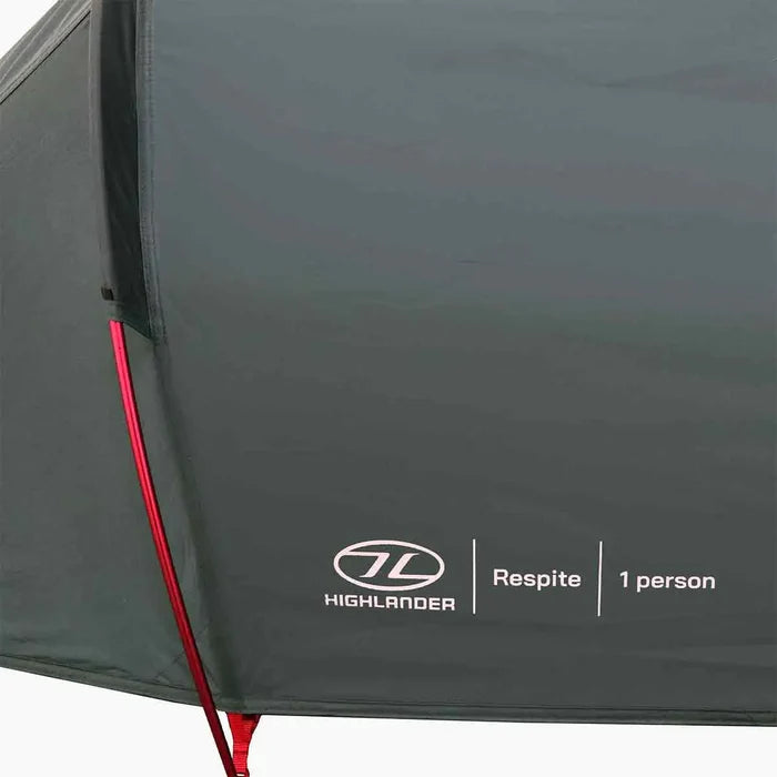 Close-up of Highlander Respite 1 Person Tunnel Tent branding and red aluminum pole, emphasizing solo use and durable build.  from  John Bull Clothing
