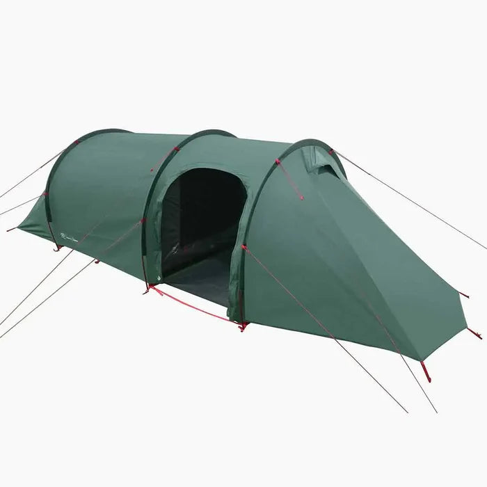 Highlander Respite 2 Person Extended Tunnel Tent partially open showing spacious vestibule, perfect for couples on hiking or camping trips.  from  John Bull Clothing