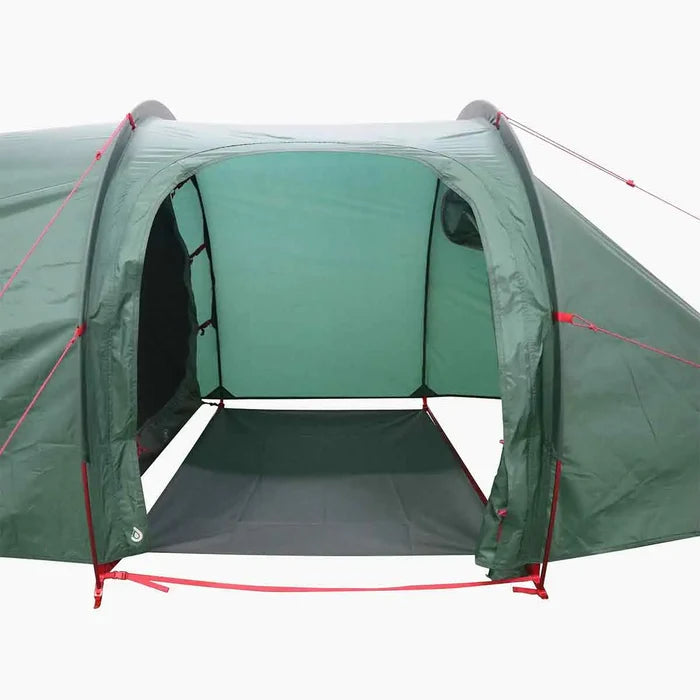 Interior view of Highlander Respite 2 Person Extended Tunnel Tent showcasing vestibule area and mesh door for ventilation and gear storage.  from  John Bull Clothing