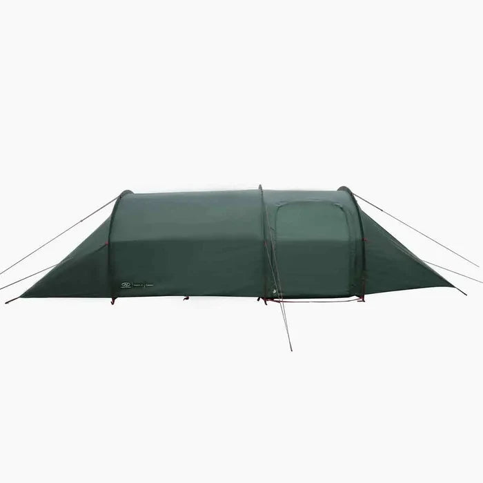 Side profile of Highlander Respite 2 Person Extended Tunnel Tent highlighting its extended tunnel design and compact footprint for easy setup.  from  John Bull Clothing