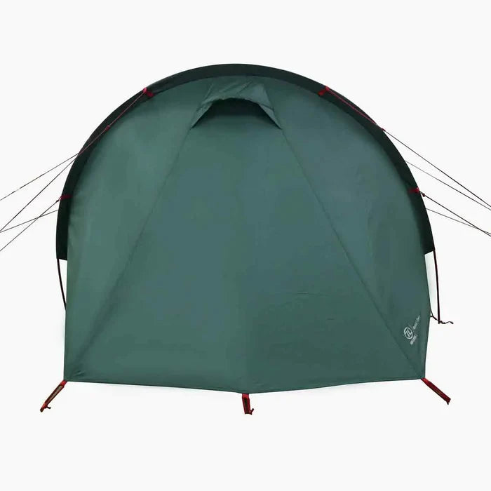 Front view of Highlander Respite 2 Person Extended Tunnel Tent showing durable polyester material and reinforced seams for weather resistance.  from  John Bull Clothing