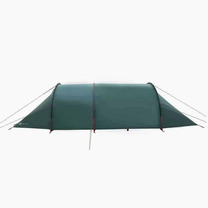 Opposite side view of Highlander Respite 2 Person Extended Tunnel Tent with guy lines and low-profile structure for wind resistance.  from  John Bull Clothing