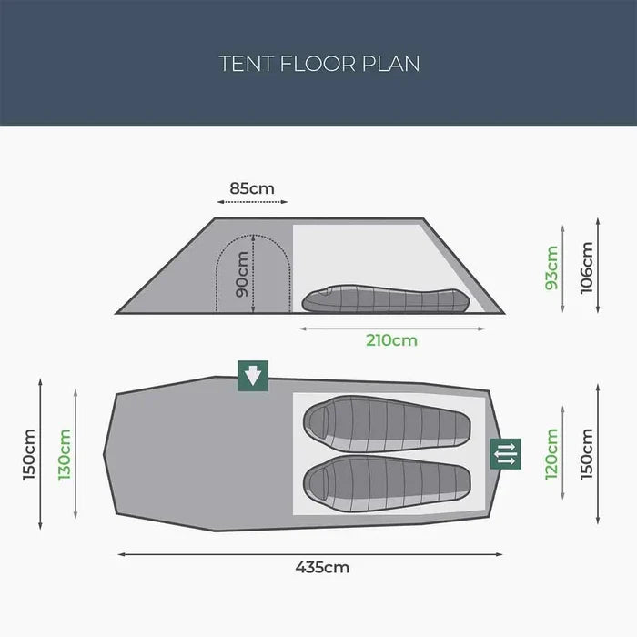 Tent floor plan of Highlander Respite 2 Person Extended Tunnel Tent detailing dimensions, sleeping area, and vestibule layout for two adults.  from  John Bull Clothing