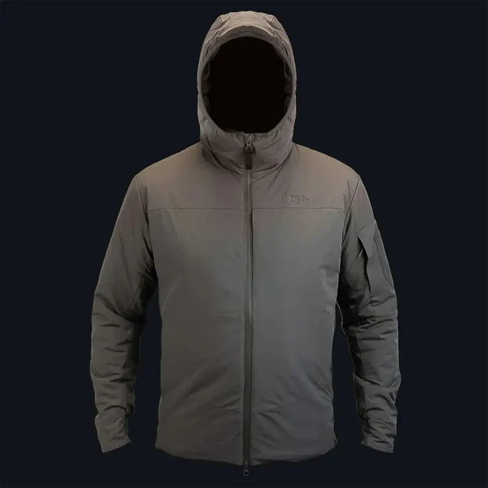 Highlander Stoirm Primaloft Thermal Jacket in Multicam front view with hood, designed for extreme weather performance and tactical use. Ranger Green from  John Bull Clothing
