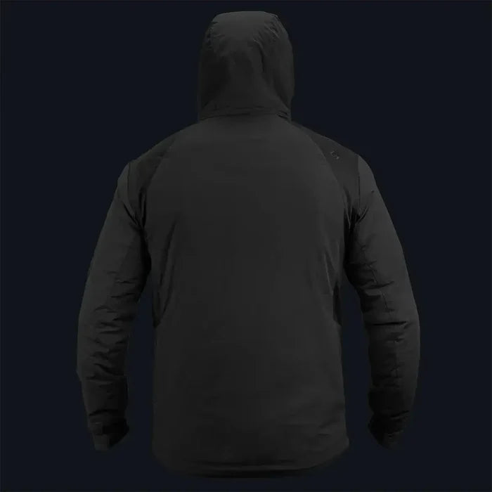 Back view of Highlander Stoirm Primaloft Thermal Jacket in black, showcasing full-coverage hood and durable construction.  from  John Bull Clothing