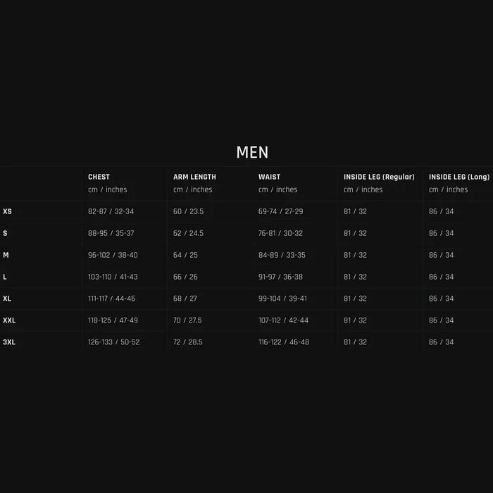Men’s size chart for Highlander Stoirm Primaloft Thermal Jacket, showing chest, waist, and arm measurements in cm and inches.  from  John Bull Clothing