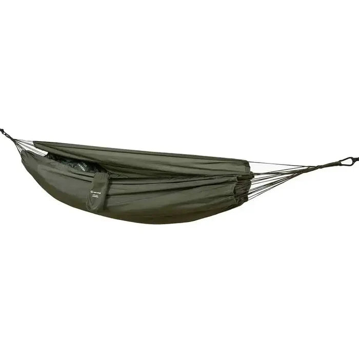 Highlander Trekker Hammock in Olive Green, designed for outdoor camping and hiking. Made from durable polyamide, lightweight, and easy to set up.  from  John Bull Clothing